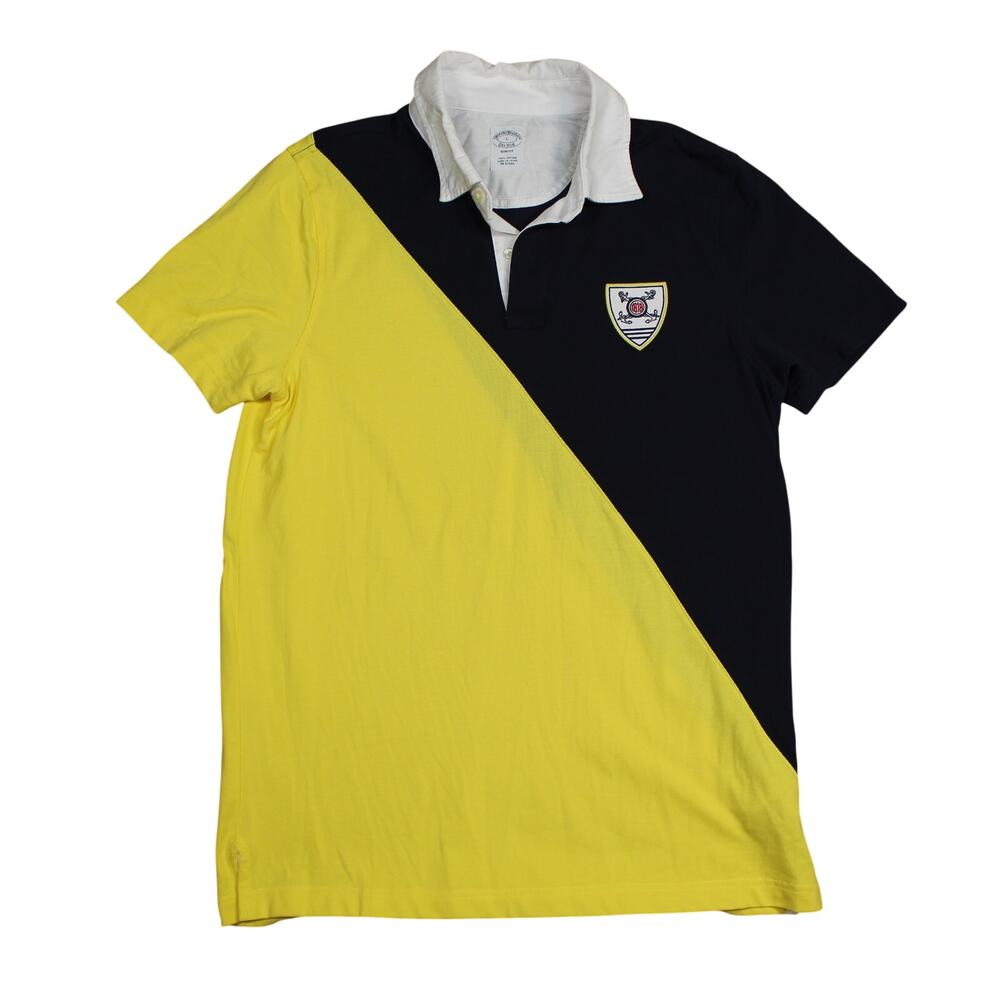 Brooks Brothers Polo Rugby Shirt Men Large Yellow Blue Crest Preppy Slim Fit